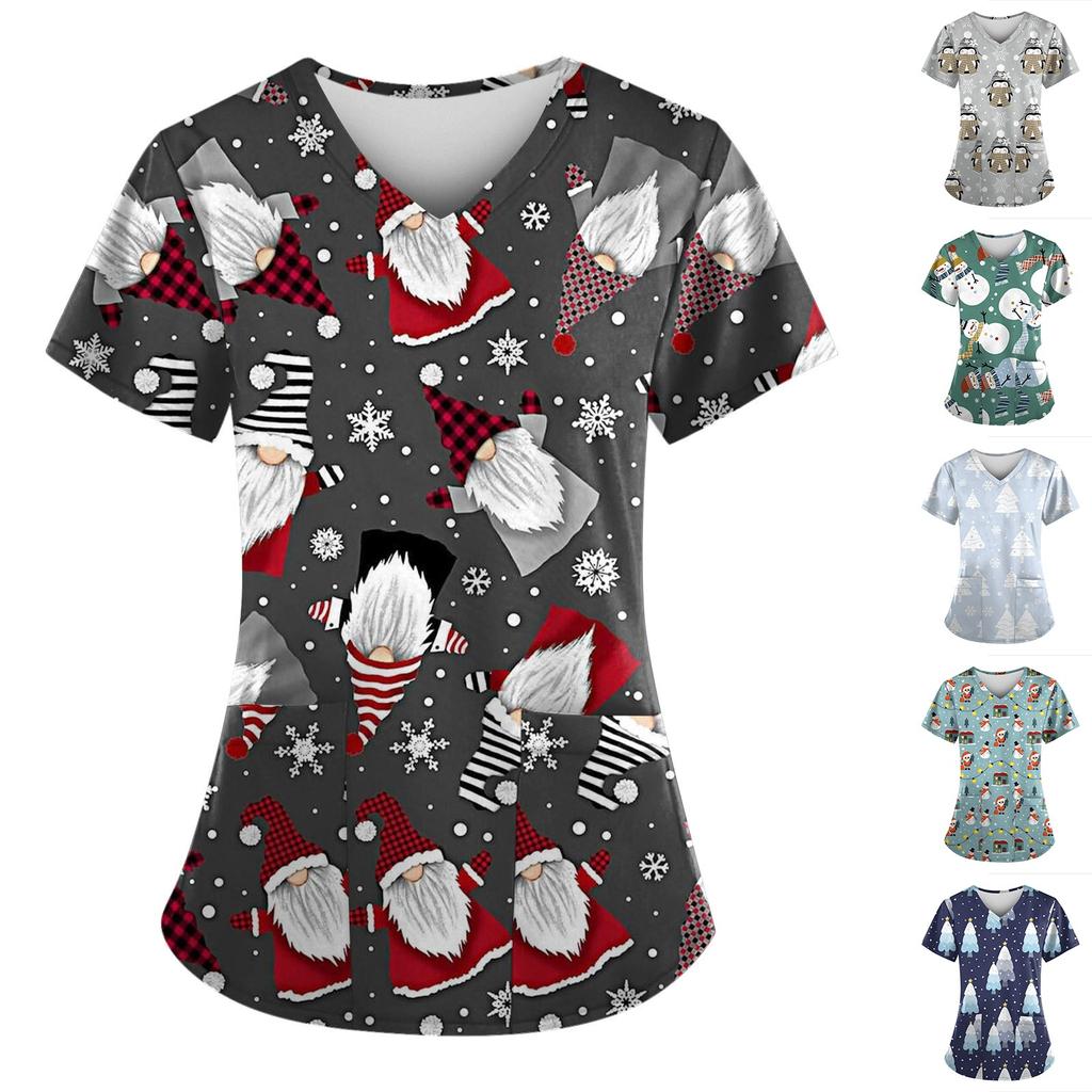 Women's Fashion Christmas Printed Short Sleeve V Neck Pattern Tops Pocket Working T-shirts