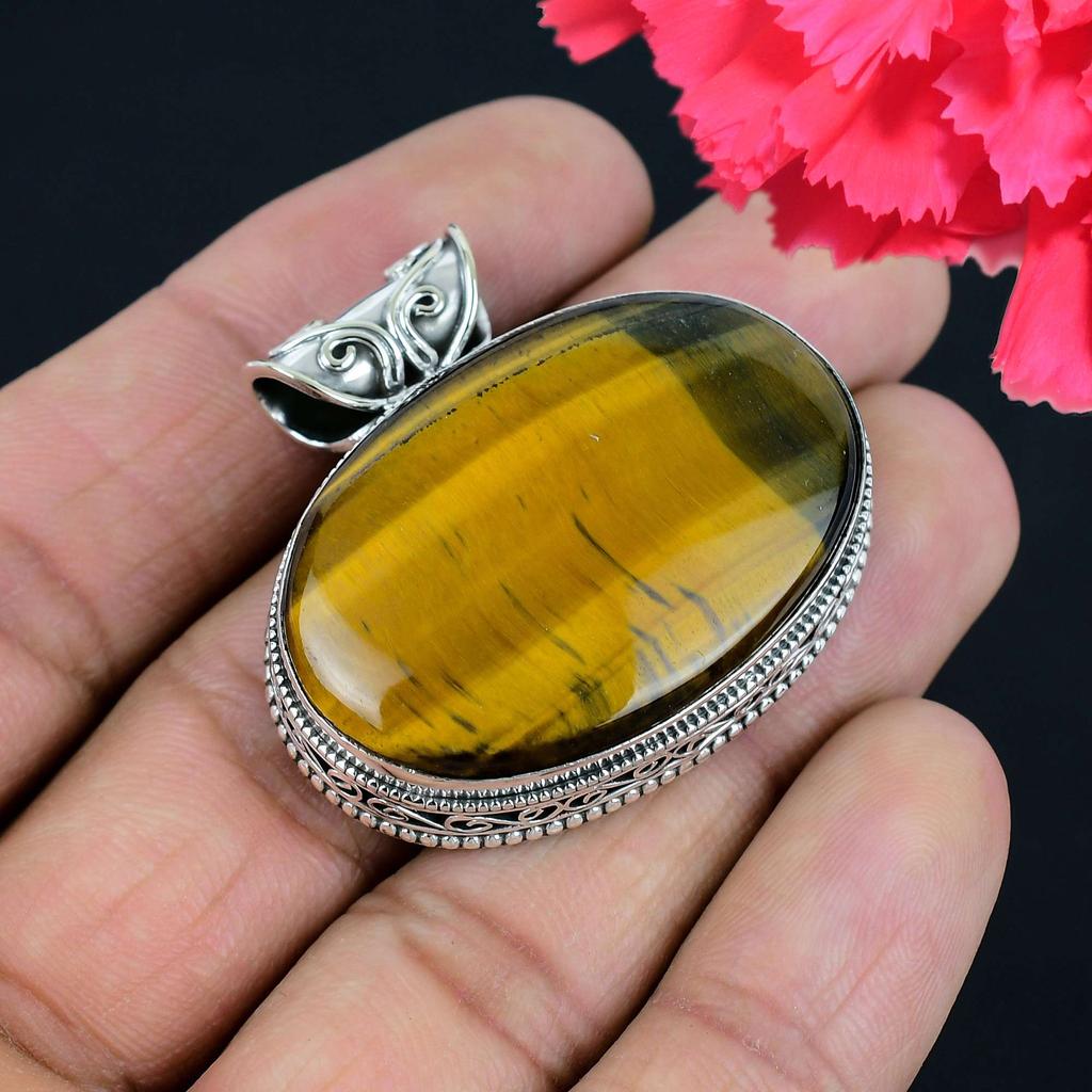Тигровый глаз Подвеска из драгоценного камня Твердая подвеска из стерлингового серебра 925 пробы Ювелирный подарок для унисекс