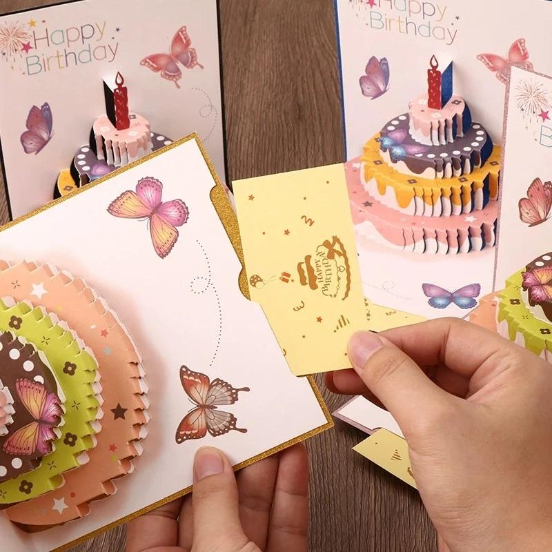 1pc Colorful Handmade 3D Birthday Greeting Card with Butterfly Cake Design - Foldable Pull-out Inner Card for Custom Wishes