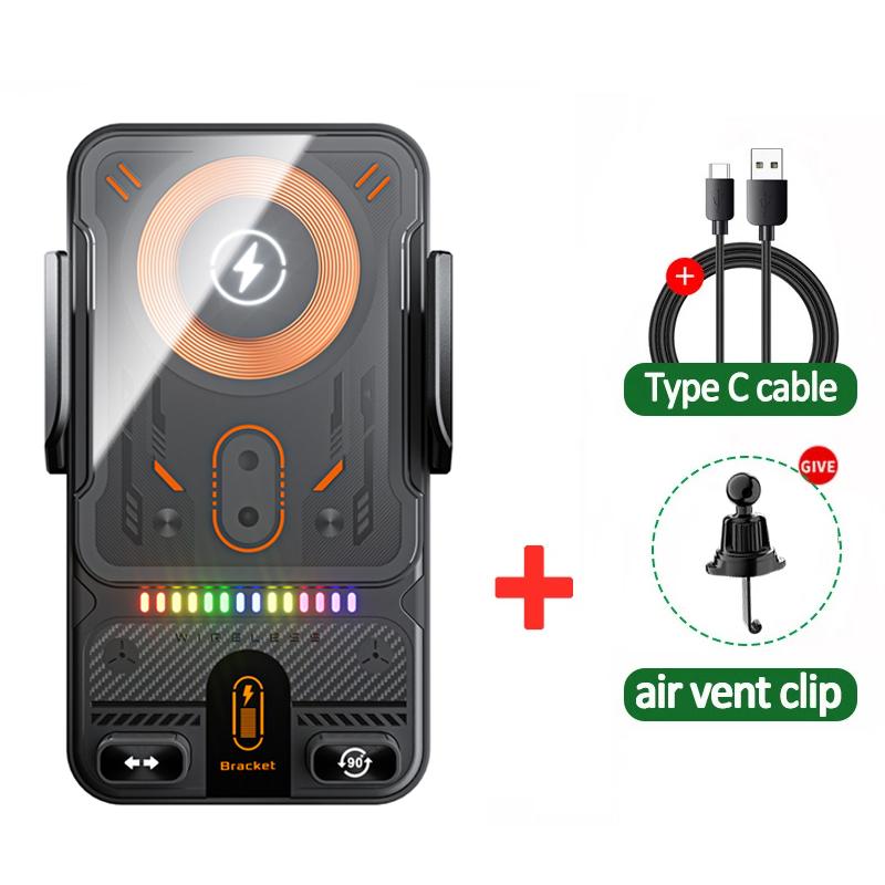 Car Wireless Charger Auto-Clamping RGB Light Phone Holder Stand Touching 360 Rotation Fast Charging Bracket For iPhone Samsung