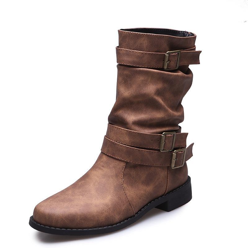 Flat Women's Boots Autumn and Winter Short Martin Boots Women's Large Size Belt Buckle Low Heel Casual Medium Boots