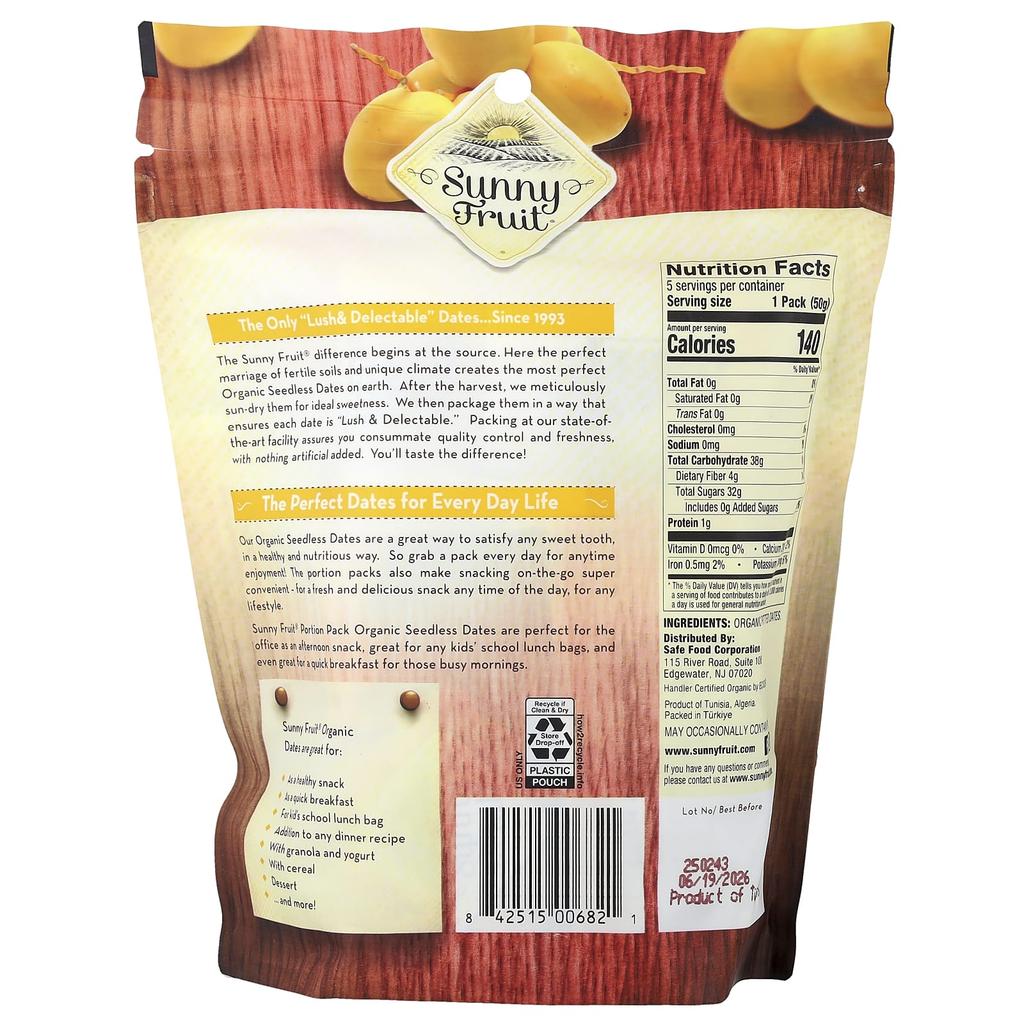 Sunny Fruit, Organic Peated Dates, 5-Serving Pack, 50g (1.76oz) Each