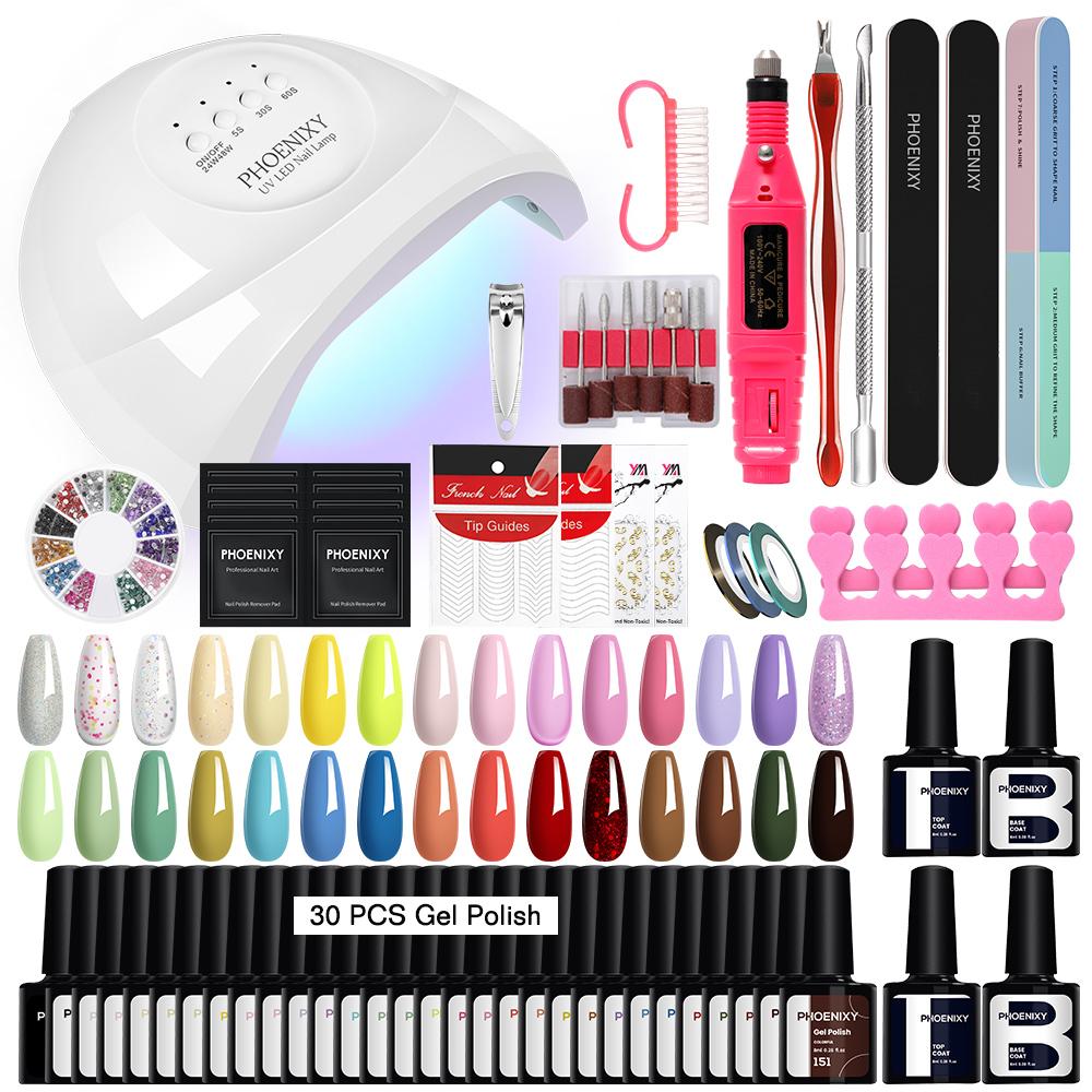 PHOENIXY 30 Colors Gel Nail Polish with USB Nail Drill Machine 48W UV LED Lamp Top Base Coat Manicure Set and DIY Nail Art Decoration Tools