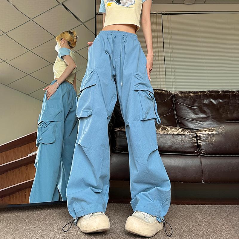 Бежевые брюки-карго в стиле хип-хоп, женские брюки-карго в стиле Харадзюку Y2K, винтажные мешковатые уличные брюки большого размера, широкие брюки-парашюты, женская корейская мода