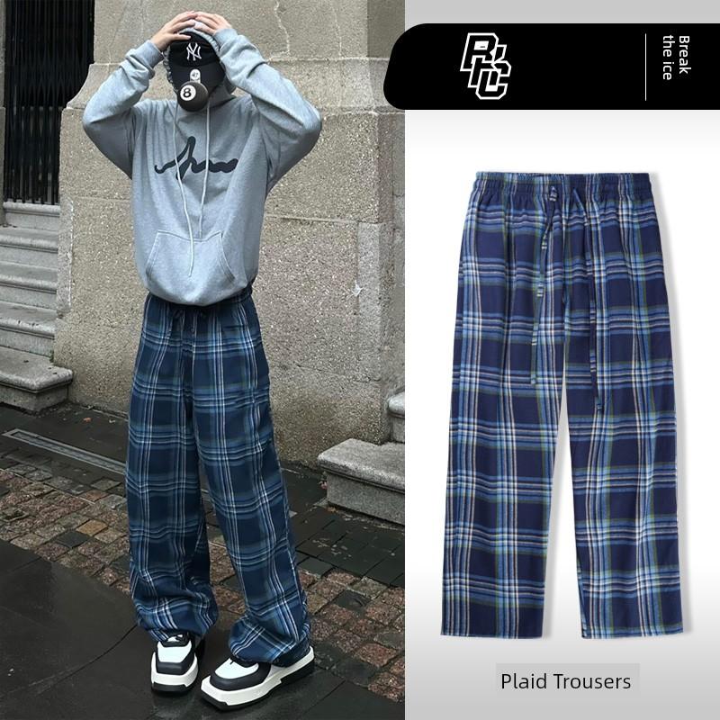 Plaid Pants Loose Straight High Street New Versatile Casual Sports Sweatpants with a Vertical Feel Black and White Basketball Long Pants for Men