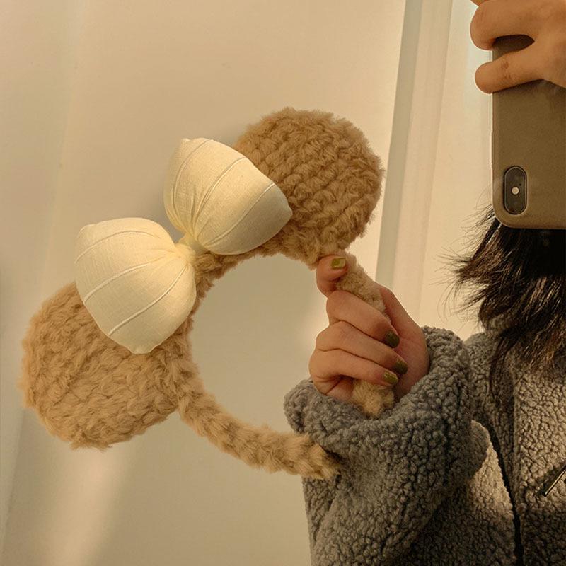 Cute Bow Bear Plush Headband for Women - Korean Style Cartoon Ear Hair Accessory for Autumn and Winter Face Washing