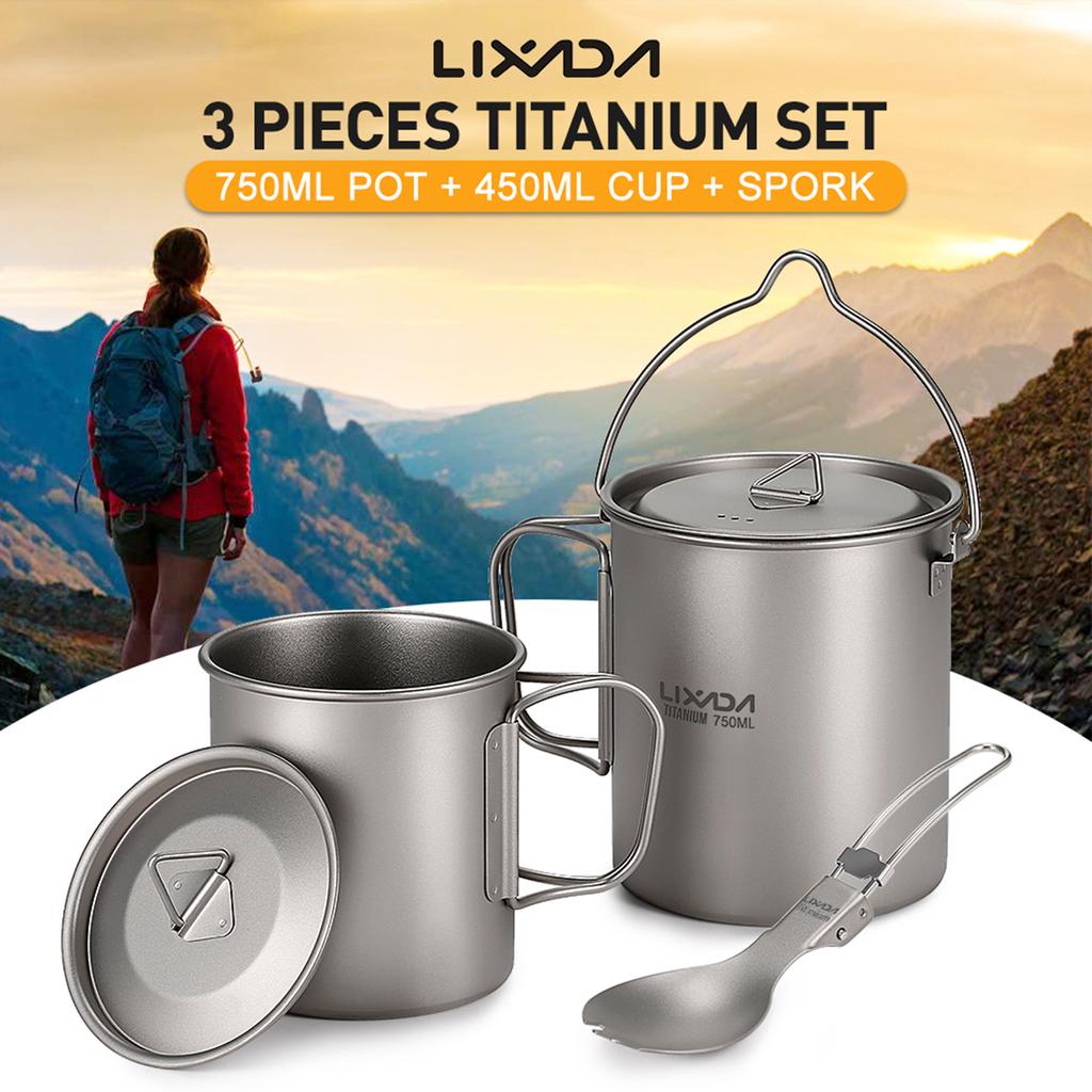 Lightweight Ti 5 Pieces Set Ti 750ml Pot 450ml and 350ml Water Cup with Lid Collapsible Handle