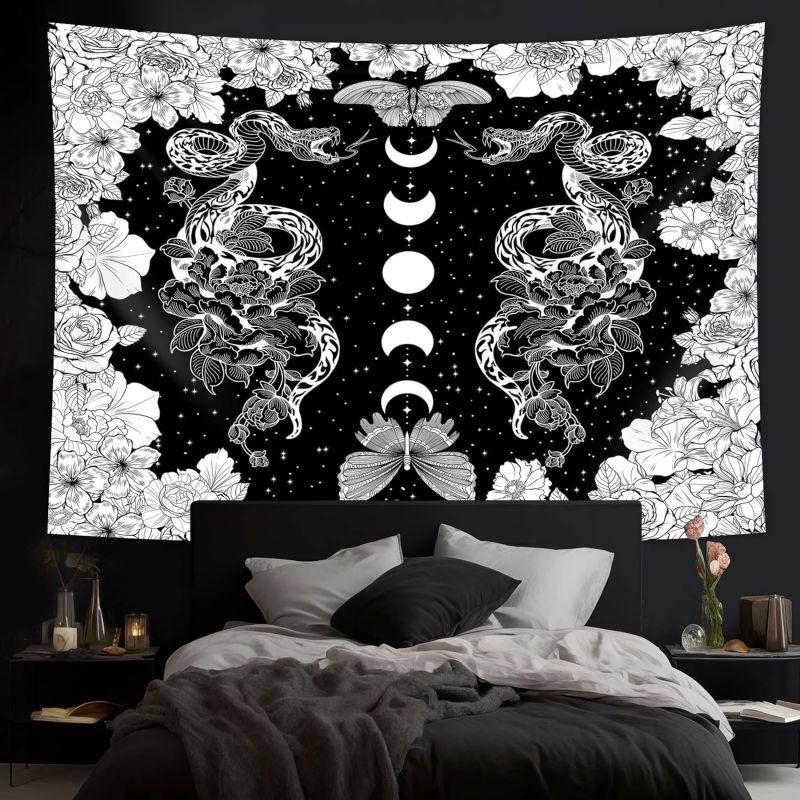 Gothic Snake Flower Tapestry Moon Phase Wall Hanging for Bedroom Living Room Dorm Aesthetic Room Background