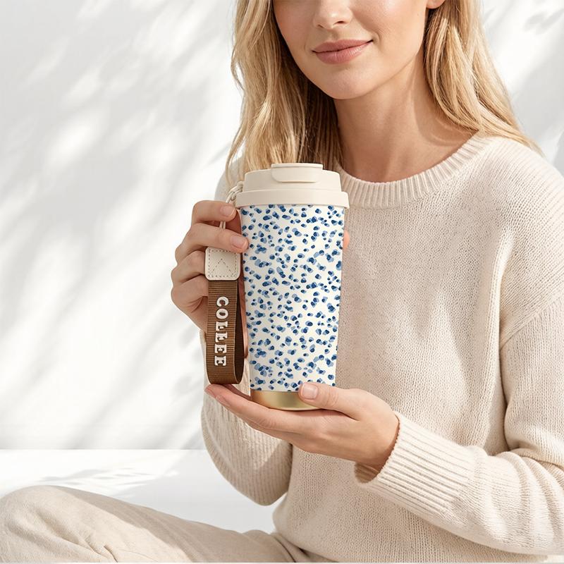 Coffee Mug 532ml Tiny Floral Element Lanyard Insulated Cup Leakproof Coffee Cup Heat Proof Travel Cup Stainless Insulated Cup Large Capacity Cup