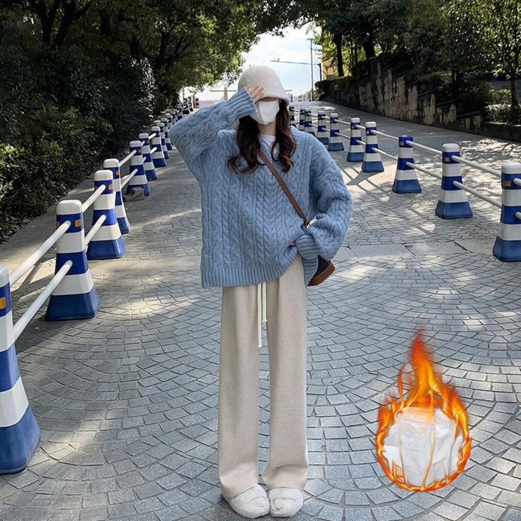 Плюшевые, Вязаные брюки, Женские брюки, Плюшевые, Утепленные, Брюки с высокой талией, Свободные, Повседневные брюки, Брюки прямого кроя, Брюки широкого кроя