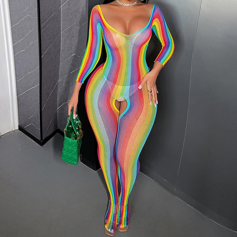 Colorful Erotic Underwear, Colorful Long-sleeved Multicolored Sexy Seduction Mesh