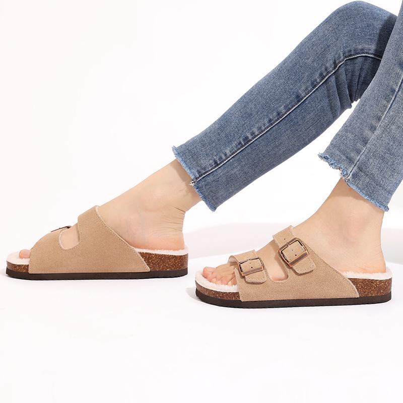 Fashion Litfun New Women's Winter Slippers Thick Sole Cork Footed Ladies Slides Fur Lining Warm Sandals With Adjustable Double Buckle
