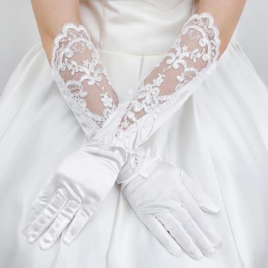 1 Pair Women Prom Gloves See-through Lace Flower Pattern Five Fingers Opera Performances Bride Wedding Photo Prop Arm Cuffs