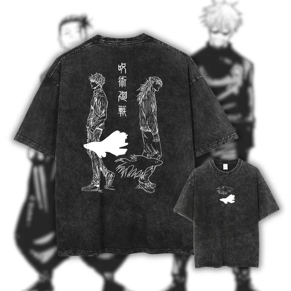 Jujutsu Kaisen Годжо Гэто Футболка Скрытый инвентарь Графика Мужская Кислотная стирка Оверсайз Уличная одежда Аниме Хлопковая футболка