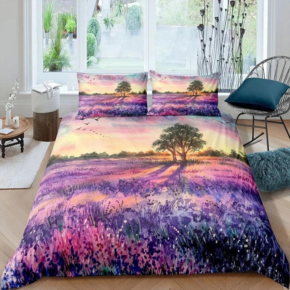 Комплект пододеяльника лавандового цвета, Пастельный васильковый свадебный классический дизайн, Нежный цветочный принт, Свадебный декор, Постельный комплект, Фиолетовый, Белый, Розовый