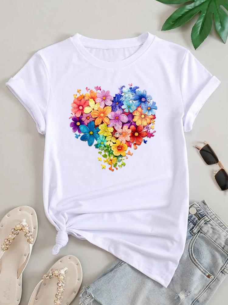 (Asian Size) Women Letter Flower Lovely Cute Tee Top Clothing Casual Short Sleeve T Shirt Fashion Print Lady Female Graphic T-shirts