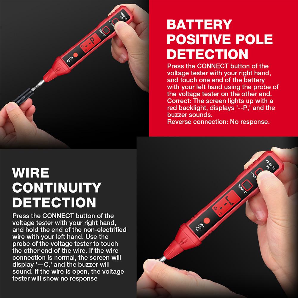 Бесконтактный тестер переменного напряжения, электрическая ручка с ЖК-дисплеем, переменный ток 12–400 В, искатель точек обрыва провода, электрический тестер, тестер провода под напряжением/без напряжения