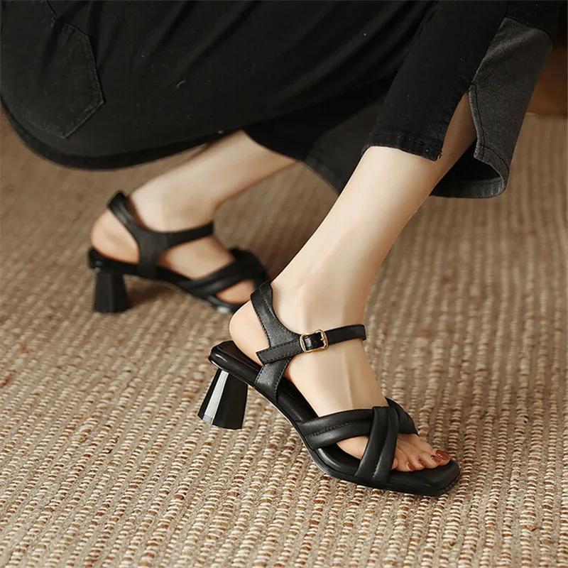 Модные новые летние сандалии женские туфли квадратный носок массивный каблук сандалии туфли на высоком каблуке сандалии для женщин ручная работа сандалии из натуральной кожи
