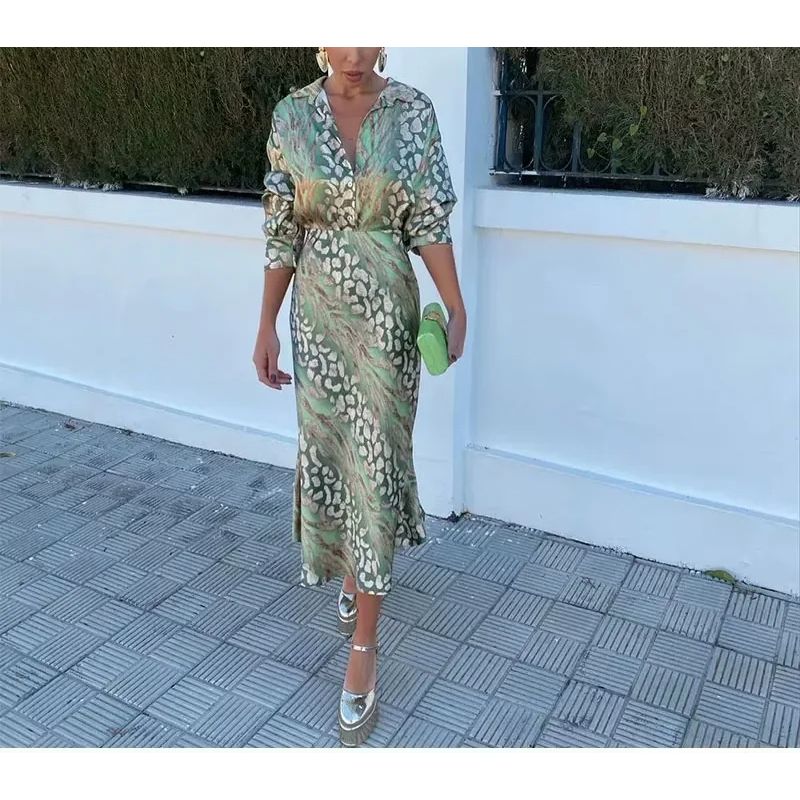 Spring and Summer New European and American Holiday Style Silk Satin Texture Print Shirts High Waist Slimming Midi A Word Skirt