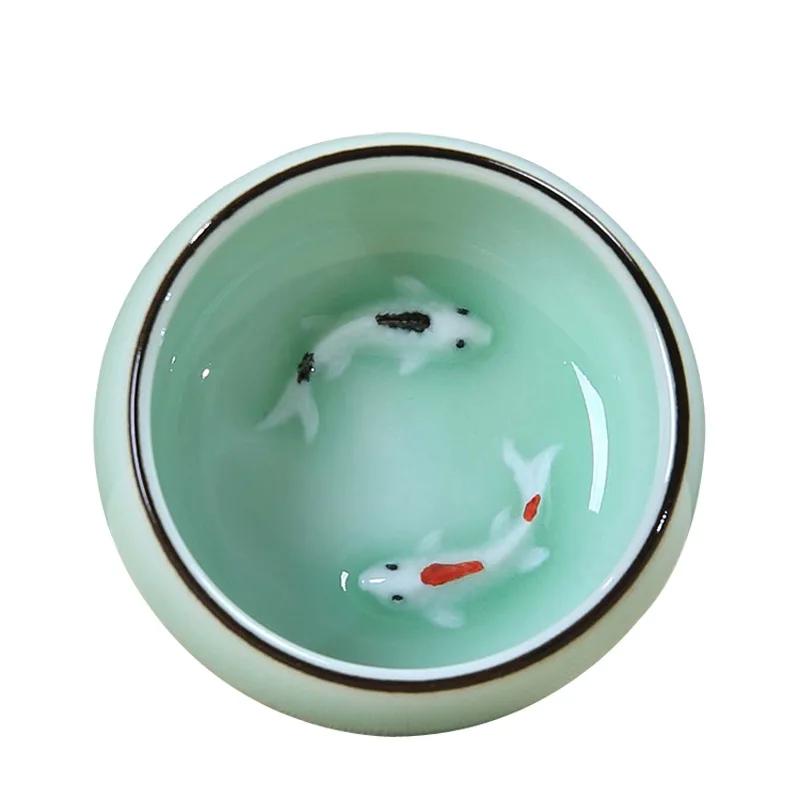Chinese Longquan Celadon Porcelain 1pcs Tea cup,China Teacups and SaucerTea Bowl Golden Fish 60ml China Tea Pot Celadon Teacups