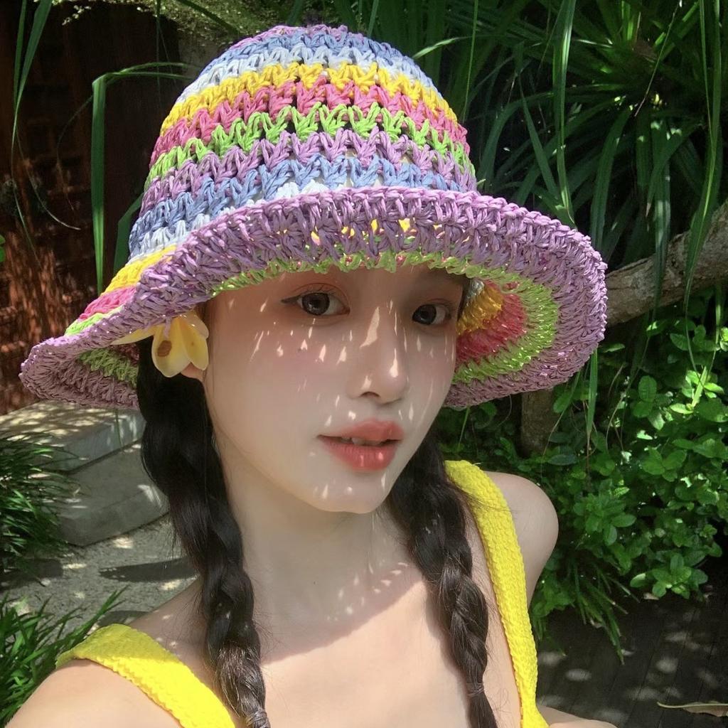ins rainbow straw bucket hat women's summer outdoor vacation sun protection sun hat beach face small bucket hat