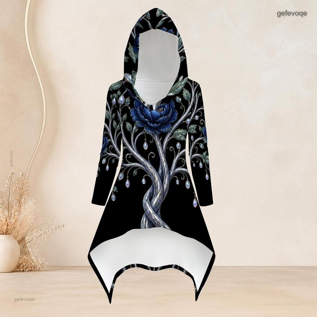 Women Plus Size Black Gold Printed Hooded Long Sleeve High Low Top Fitted Pants Two Piece Set