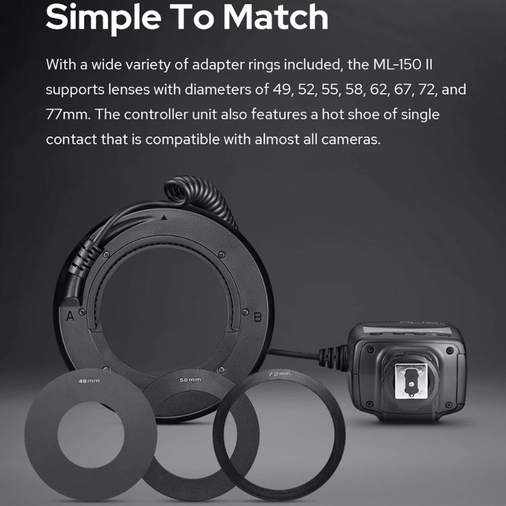 Godox Macro LED Ring Flash Recycle for Panasonic Digital SLR for Video Production and ML-150II Speedlight, GN12, 0.1-2s Time, 5800K±200K, Sony, Canon,