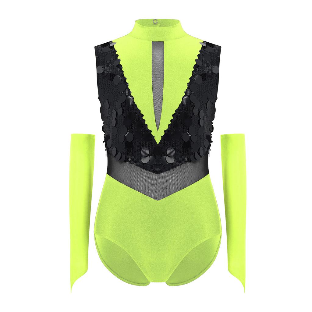 Детский гимнастический купальник с воротником-стойкой, без рукавов, с вырезом на спине, с блестящими пайетками, цветной блок