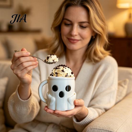 Funny Halloween Gifts for Kids Ghost Ice Cream Pint Holder, Dual Spoon Slot And Shape Water Cup Handle Design Durable PLA Leak-Proof Storage Cute Mug