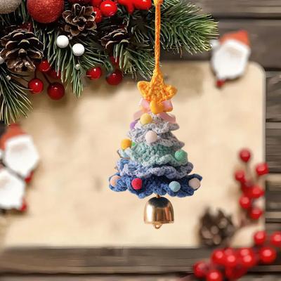 Knitted Christmas Tree Ornaments Mini Crochet Christmas Tree Hanging Pendant with Gold Jingle Bell for Holiday Home Party Decoration