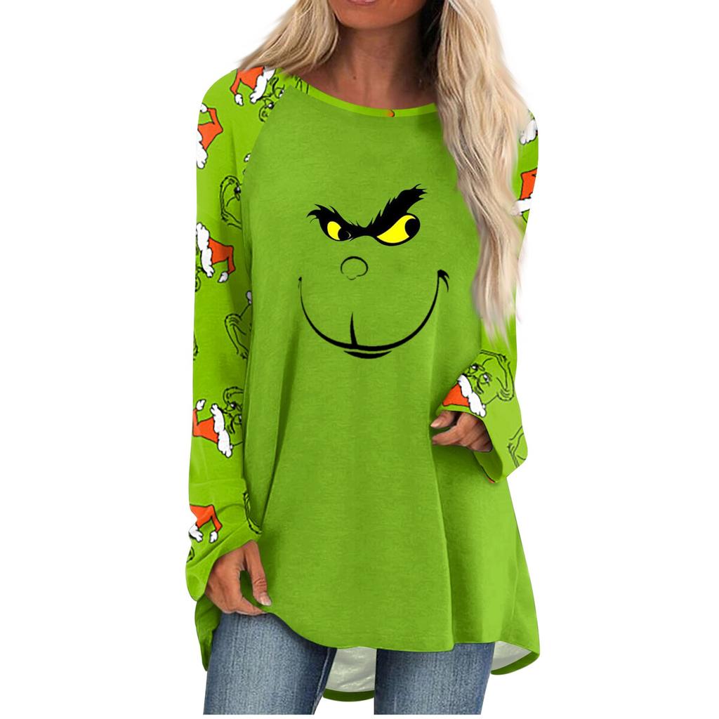 Женская мода, повседневная блузка с длинным рукавом и рождественским принтом, пуловер с круглым вырезом