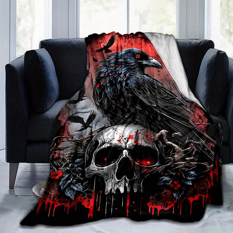 1pc Crow and Skull Blanket Soft Throw for Home Decor, Gift Idea, Living Room, Travel, Camping, Car Blankets