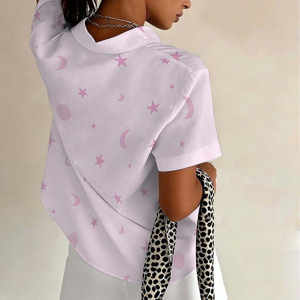 Plus-size women's simple star and moon print shirt, loose and comfortable for everyday wear.