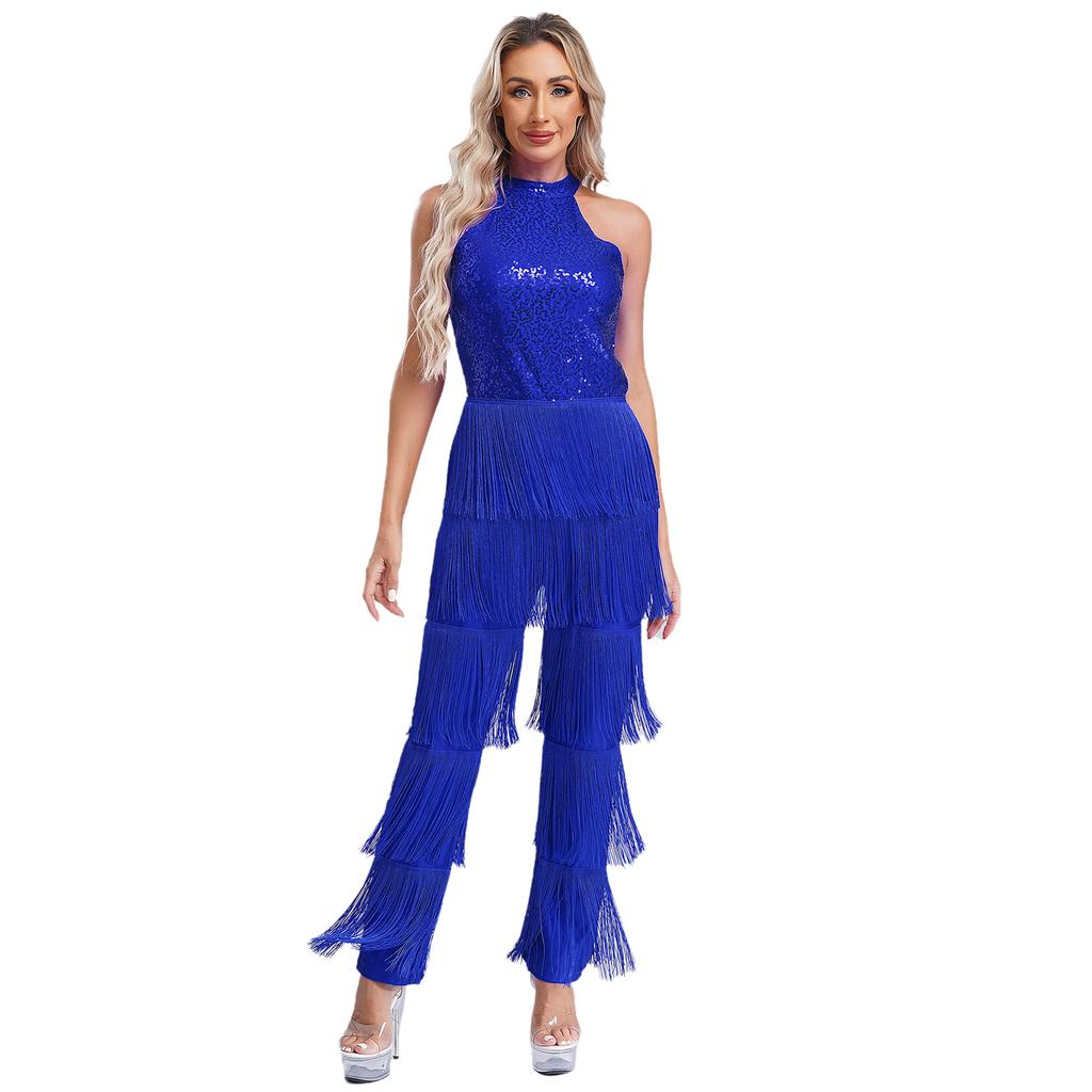 Women Sleeveless Jazz Costume Flowy Tassel Rompers Performance Dancewear Fringe Jumpsuit Tango Cha-Cha Samba Dancing Party Dress