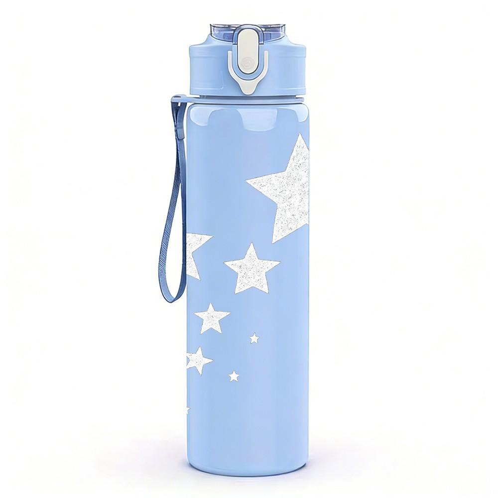 1PC Soft White Star Pattern 750ml Color Plastic Sports Water Bottle Leakproof Flip Straw Lid Suitable for Sports Office Home Use