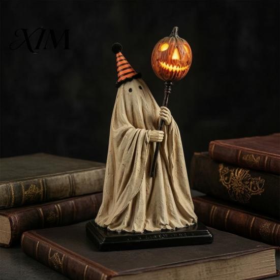 Decorative Resin Ghost for Fireplace Lighted Figurine with Remote Control, Vintage Statue Luminous Pumpkin Glowing Scepter Decor Scepter, Cute Spooky