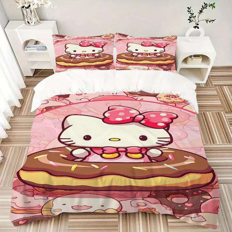 3pcs Sweet Hello Kitty Doughnut Delight Quilt Cover Set - Soft and Cozy Bedroom, Guest Room and Dorm Decorative Bedding 3-Piece Set 1 Quilt Cover