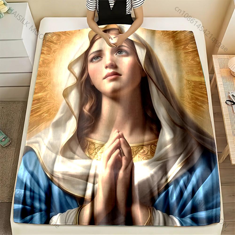 1PC Woman praying with halo Print Blanket Warm Soft Fluffy Kids and Adult Sofa Bed Throw Blanket Outdoor Travel Camping RV
