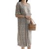 Summer Women Dress Small Flower Print Crew Neck Loose Short Sleeves Pleated Mid-calf Length Pullover Dating Shopping Midi Dress