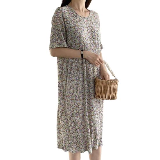 Summer Women Dress Small Flower Print Crew Neck Loose Short Sleeves Pleated Mid-calf Length Pullover Shopping Midi Dress