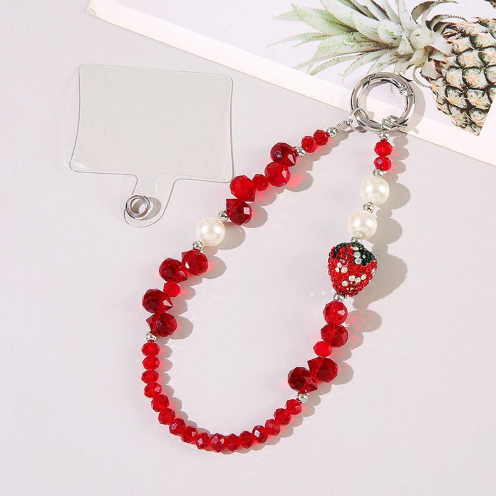 Short Bling Strawberry Phone Chain With Clip Pearl Mobile Phone Lanyard Car Key Accessories