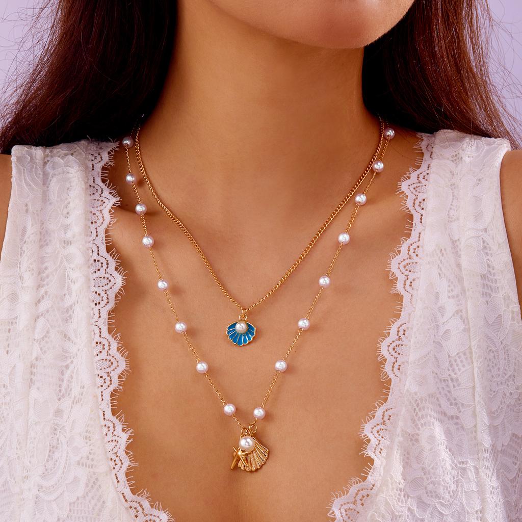 Vintage Double Layer Rice Beads Necklace for Women Boho Beach Turtle Starfish Pendant Short Choker Neck Chain Jewelry Accessory