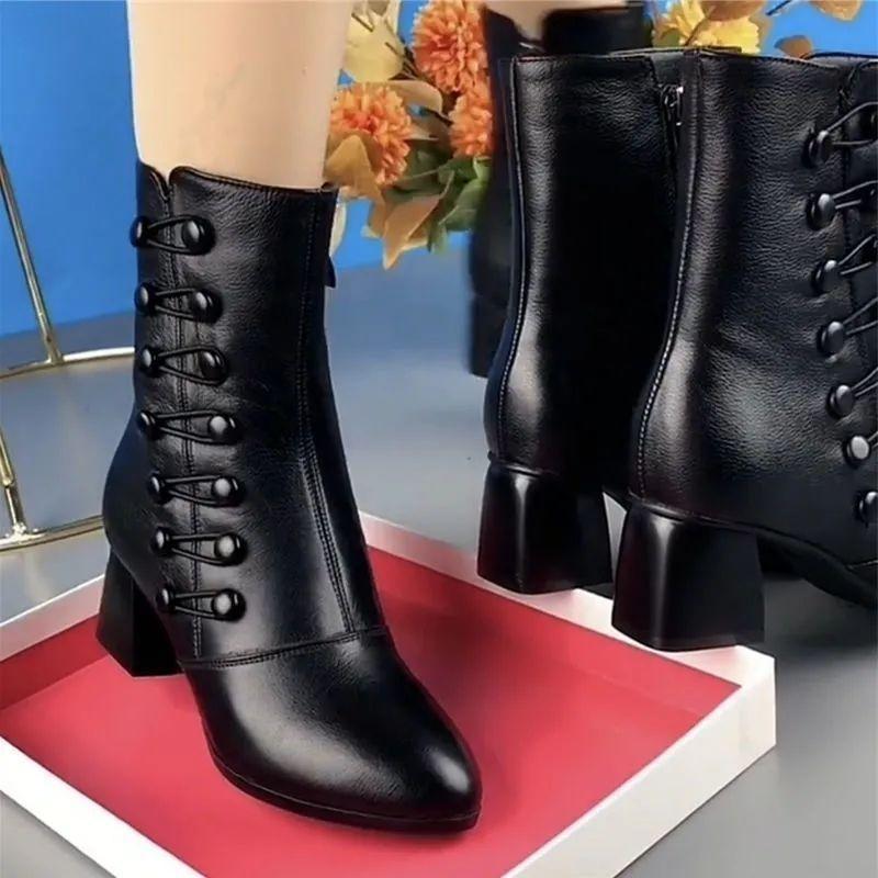 Короткие сапоги из натуральной мягкой кожи, женские зимние туфли из хлопка на среднем каблуке и средней посадке, плюс бархат, теплые, модные, универсальные, женские сапоги, короткие сапоги