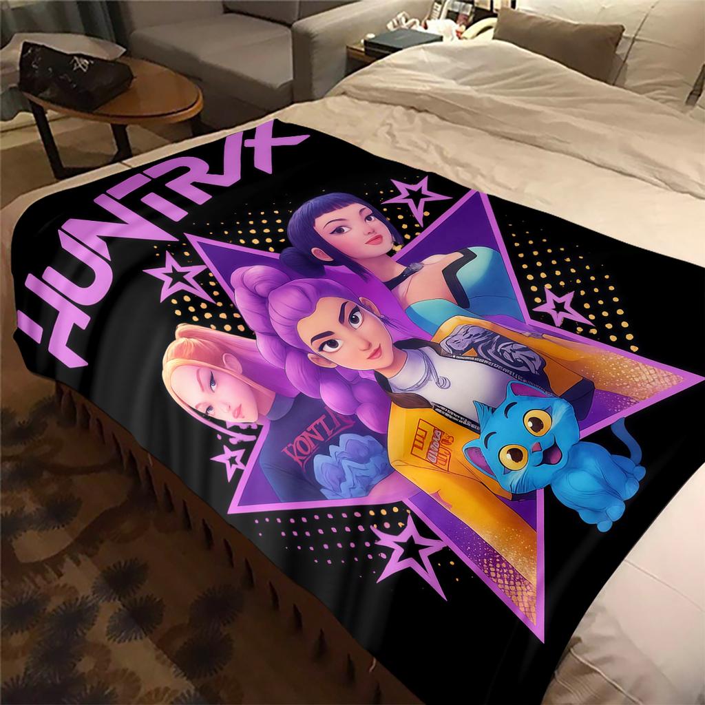 KPop Demon Hunters Cute Print Flannel Blanket, Warm Comfortable for Bedrooms, Sofas, Beds -HYQ16