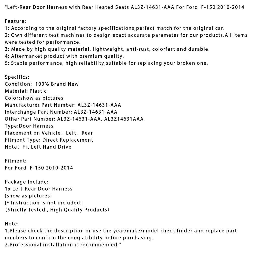 Жгут проводов левой задней двери с подогревом задних сидений AL3Z-14631-AAA для Ford F-150