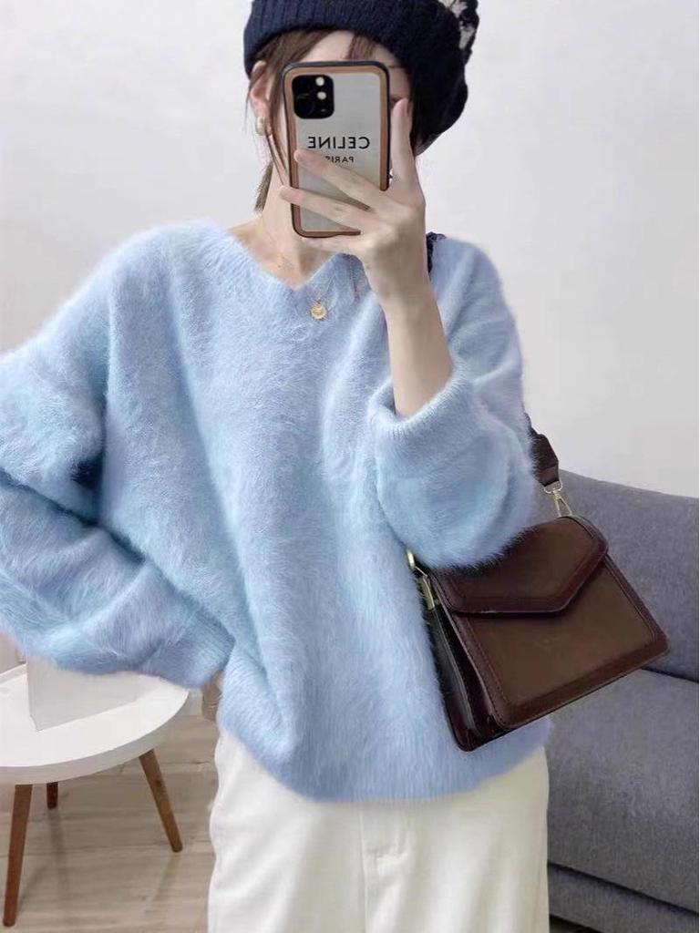 Women's High-End Loose V-Neck Faux Mink Sweater for Autumn and Winter - Soft, Cozy Knitted Pullover