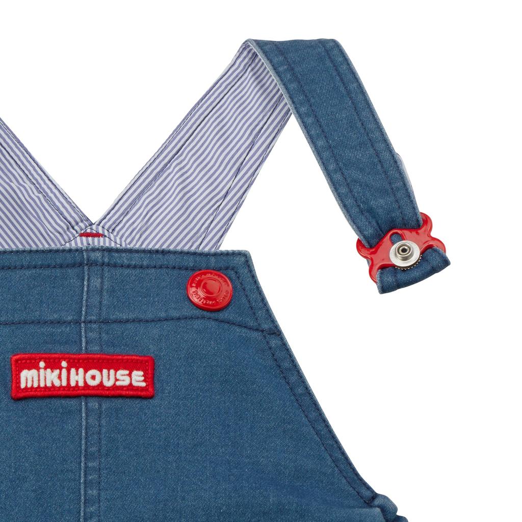 MIKI HOUSE Stretch Knit Denim Jumper Skirt with Solid for Baby Size S Indigo Web Exclusive Logo, Denim, Girls, & Kids, (70-80cm), Blue, 10-1830-142,