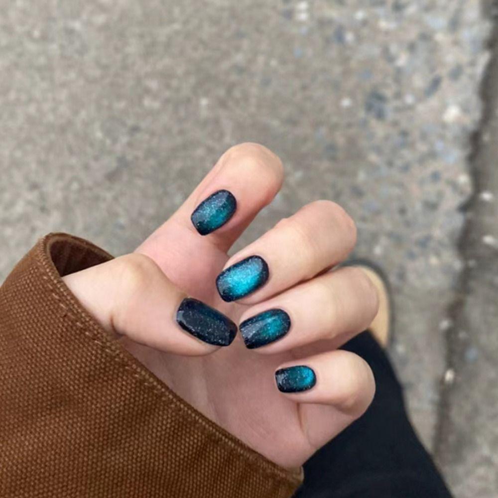 24PCS Short Fake Nails Cat Eye Artficial Nails Reusable False Nails  DIY Manicure Art