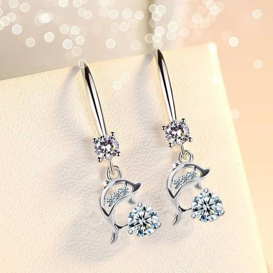 1 Pair Korean Style Hook Earrings Dolphin Design Shiny Rhinestones Drop Earrings Women Mid-length Earrings
