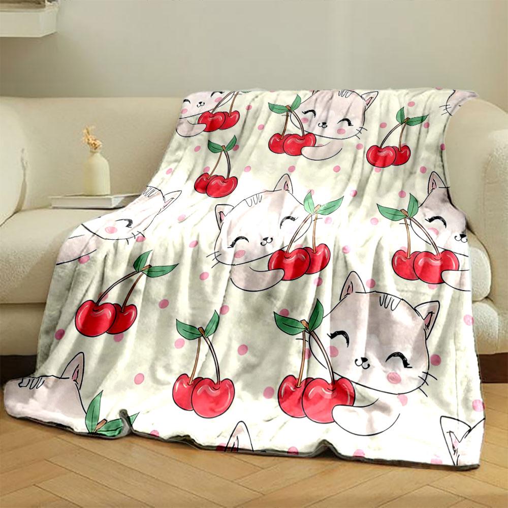 Cute Cats with Cherries Pattern print blanket soft and cozy perfect for the living room bed sofa or a nap,gift
